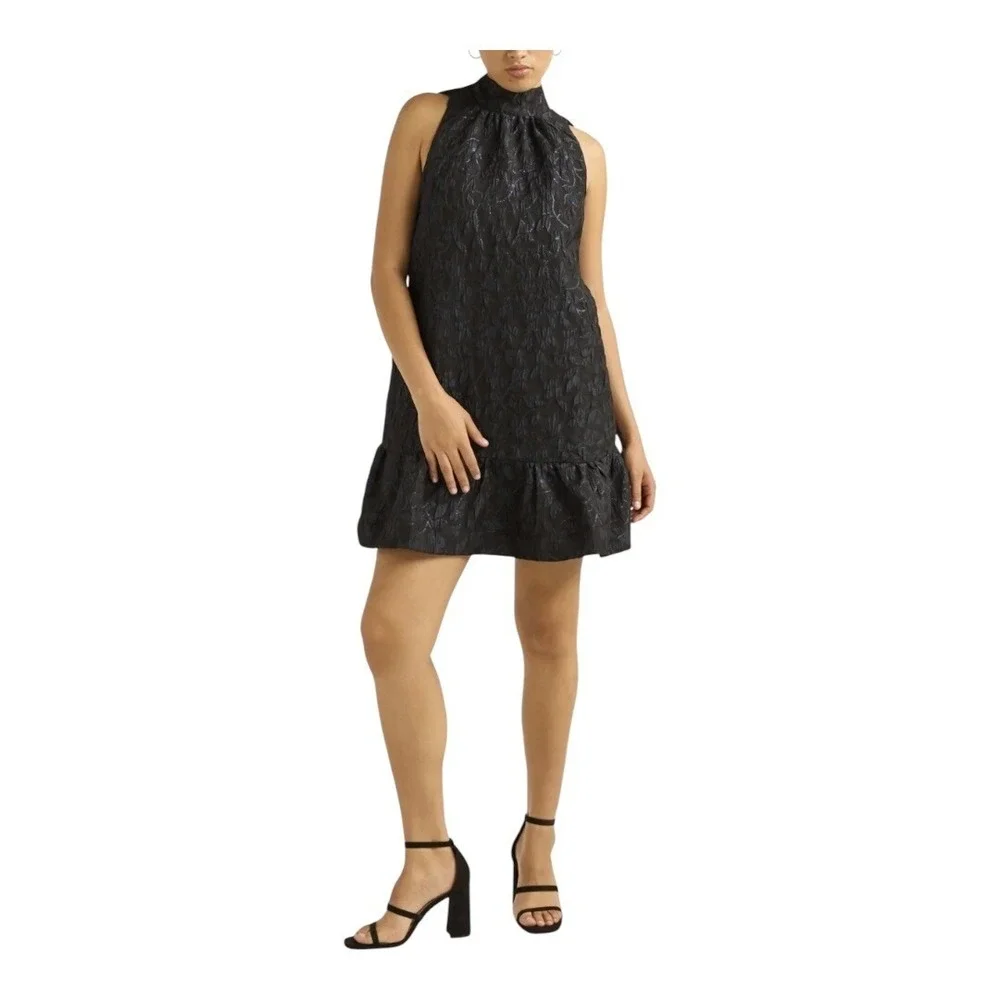 Scoop Mini Dress Women‎ Large Black Blue Metallic Floral Jacquard Mock Neck Tie